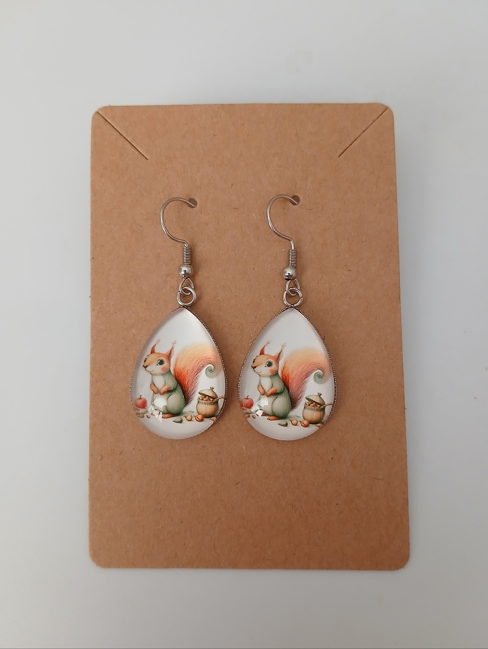 Fashion Jewelry White Teardrop Earrings with Orange & Green Squirrel Design